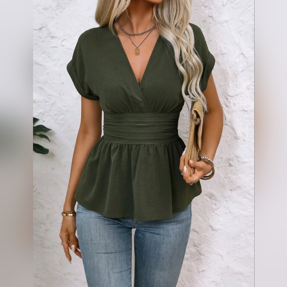 NEW Chic Wrap Neck Ruched Peplum Short Sleeve Top Blouse Green